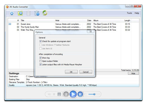AV Audio Converter - Options dialog box Screenshot