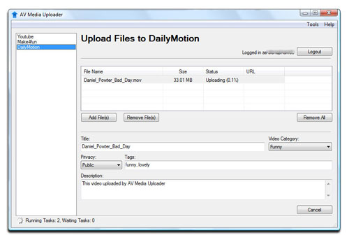 AV Media Uploader - Upload Files to DailyMotion