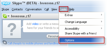 Fig 3 - Choose Options to open the settings dialog box of Skype