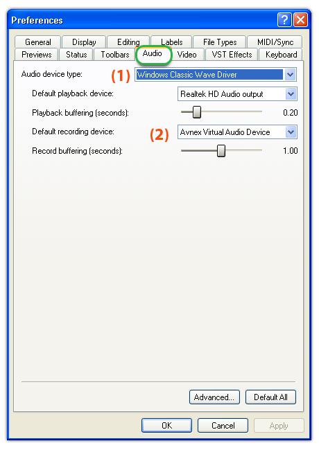 Fig. 3 - Change the recording device of SF 8.0 into AVnex Virtual Audio Device