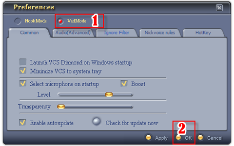 Fig 2 - Change from Hook mode to Virtual Audio Driver (VAD) mode [Preferences dialog box]
