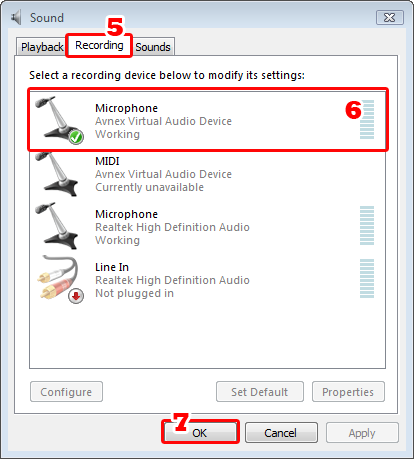 Fig 4  - Change the Microphone device of Sound System into AVnex Virtual Audio Device