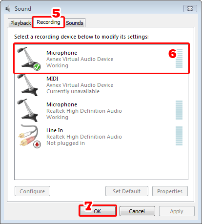 Fig 4   - Change the Microphone device of Sound System into AVnex Virtual  Audio Device