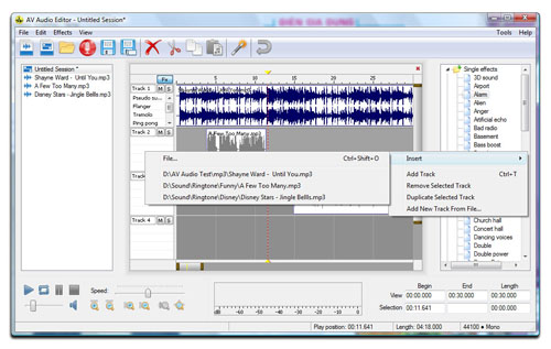 AV Audio Editor - Create new Multitrack Insert Files Screenshot