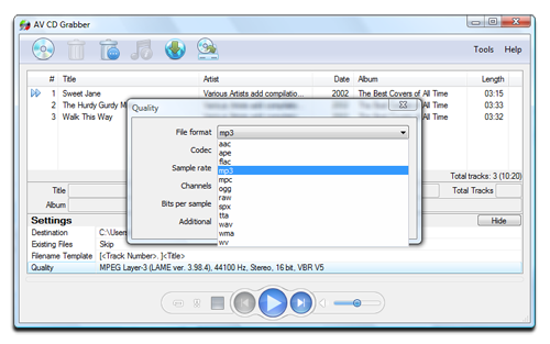 AV CD Grabber - Output Formats Screenshot