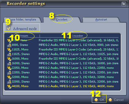 Fig 3 - Choose codec in Encoder tab [Recorder settings]