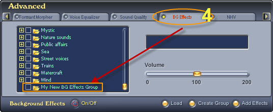 Fig. 4 - The new group is listed at the end of the Background Effect tree [Bg Effects tab]