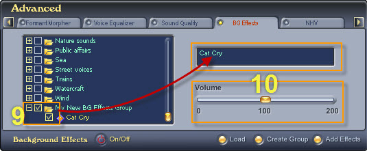 Fig. 7 - Choose the background effect and adjust its volume [Bg Effects tab]