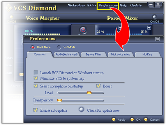 Fig 1 - Open VCS7 Preferences [main panel]