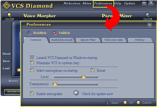 Fig 1 - Open VCS7 Preferences [main panel]