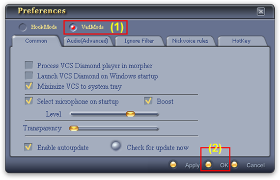 Fig. 2 - Change from Hook mode to Virtual Audio Driver (VAD) mode [Preferences dialog box]