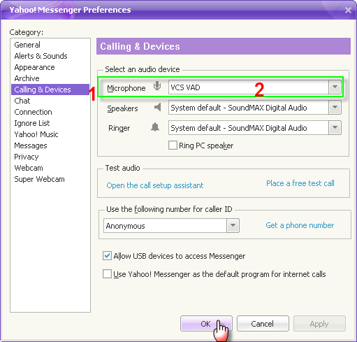 Fig 4 - Change the audio device of Y!M9 into VCS's Virtual Audio  Driver (VCS VAD)