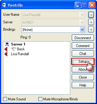 Choose Steup to open the Setup dialog box of Ventrilo