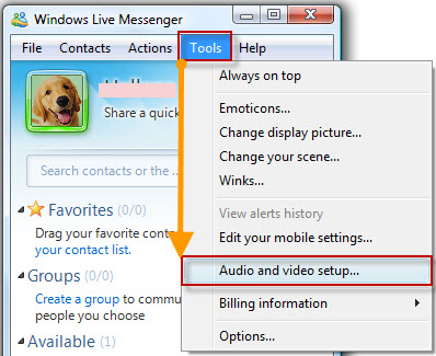 Fig 3 - Choose Audio and video setup to open MSN's audio and video  settings dialog box