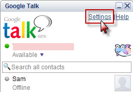 Fig 3 - Choose Settings to open the settings dialog box of Google Talk 
