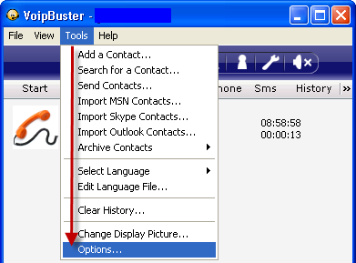 Fig. 3 - Choose Options to open the settings dialog box of VoIP  Buster