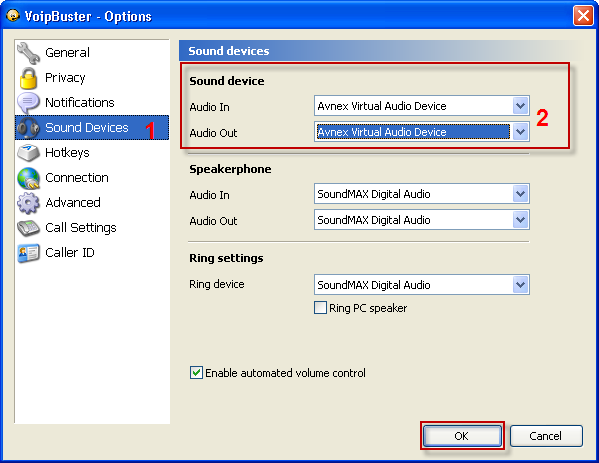 Fig. 4 - Change the sound devices of VoIP Buster into AVnex Virtual Audio Device
