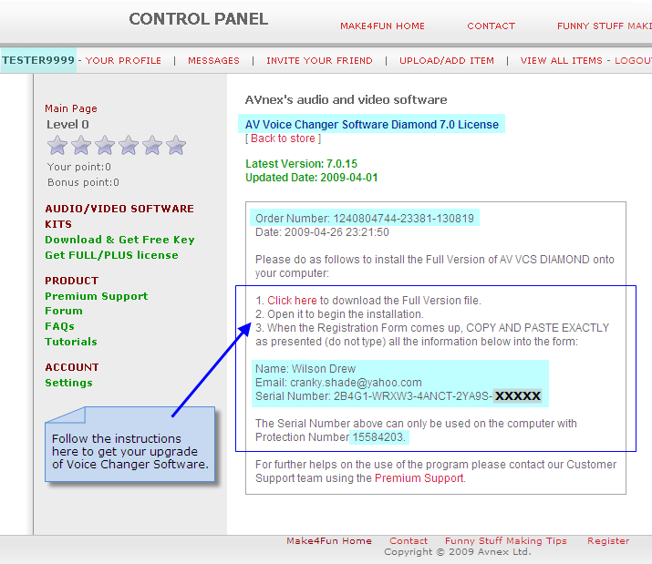   Fig 3 - Follow the instructions on the License page to get the Full copy of Voice Changer Software version 7.0