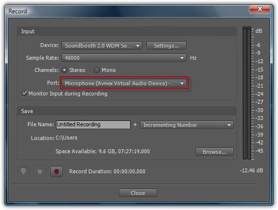 Fig. 4  - Change the Microphone device of Soundbooth into AVnex  Virtual Audio Device