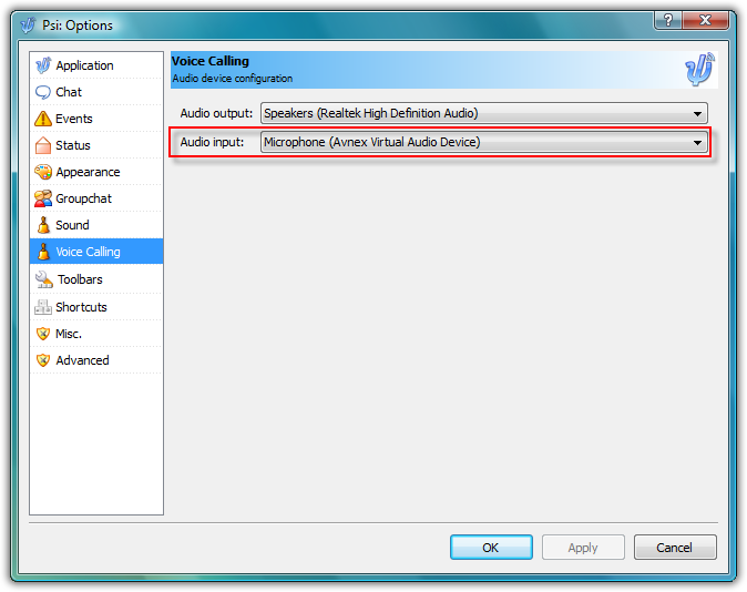  Fig. 4  - Change the Microphone device of Psi into AVnex Virtual  Audio Device.