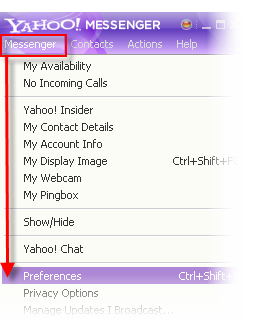   Fig 3 - Choose Preferences to open the Preferences dialog box of  Yahoo Messenger
